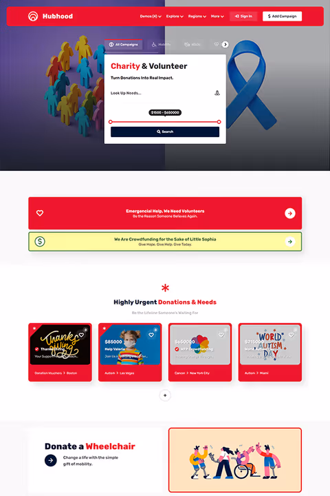 Hubhood Charity nonprofit directory WordPress theme demo preview