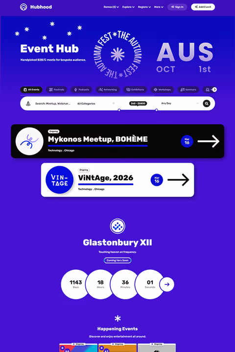 Hubhood Events directory WordPress theme demo preview