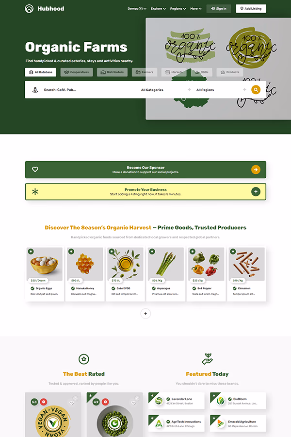 Hubhood Agro agriculture directory WordPress theme demo preview
