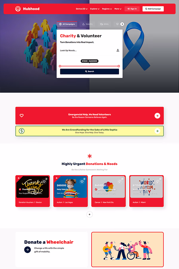 Hubhood Charity nonprofit directory WordPress theme demo preview
