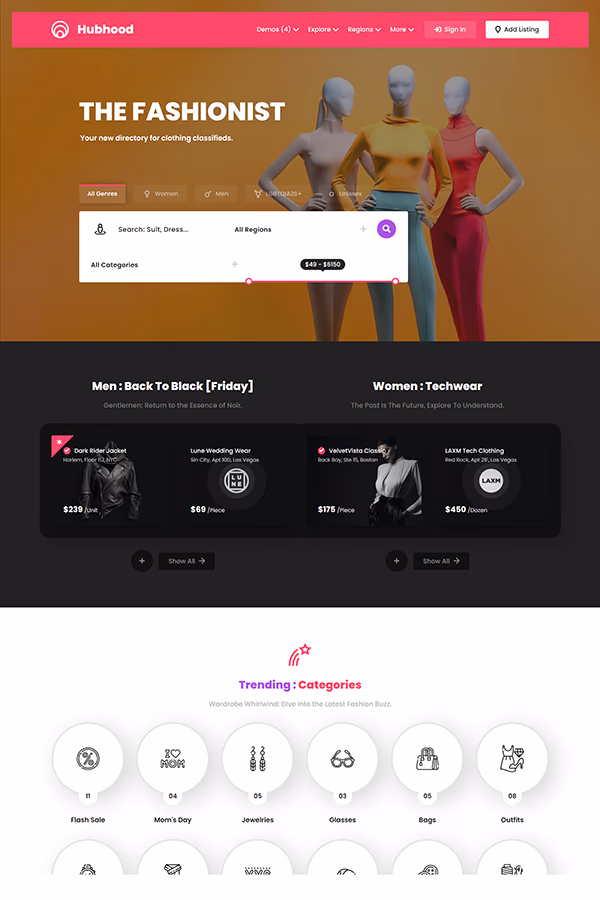 Hubhood Clothing fashion directory WordPress theme demo preview