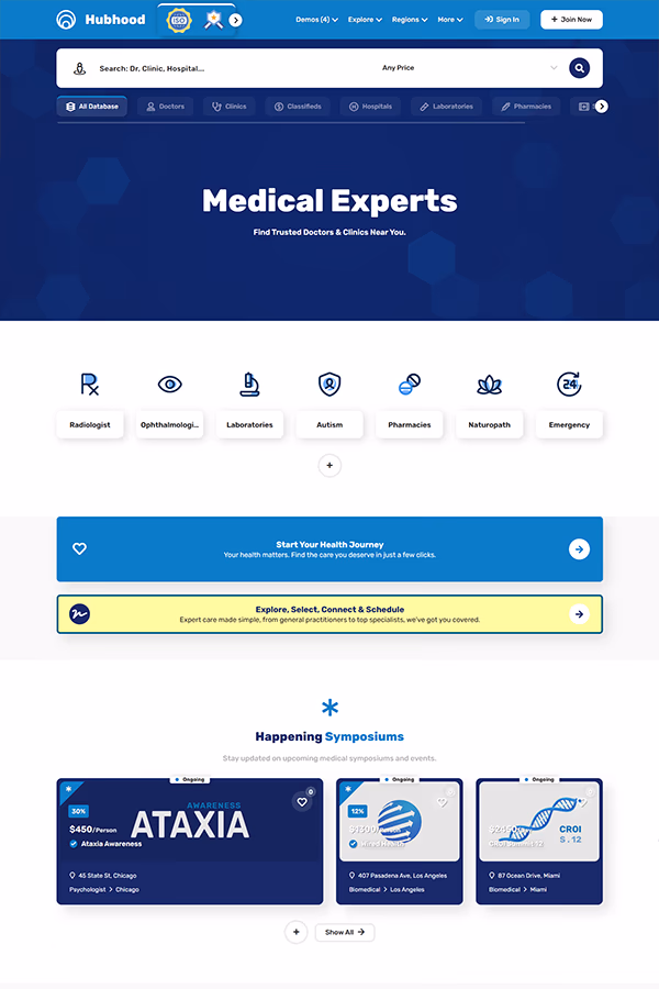 Hubhood Doctors healthcare directory WordPress theme demo preview