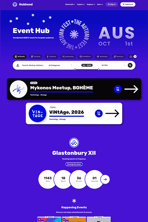 Hubhood Events directory WordPress theme demo preview