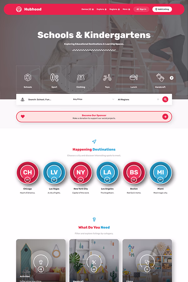 Hubhood Kindergartens kids and education directory WordPress theme demo preview