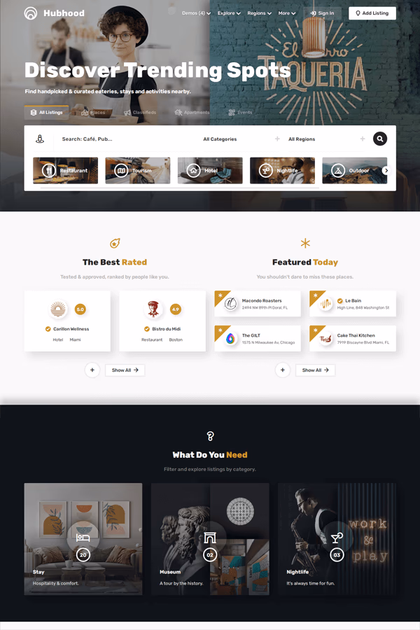 Hubhood Multipurpose map directory WordPress theme demo preview