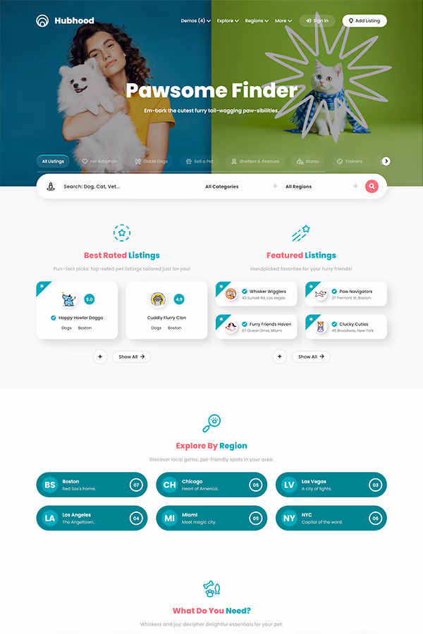 Hubhood Pets services and shop local directory WordPress theme demo preview