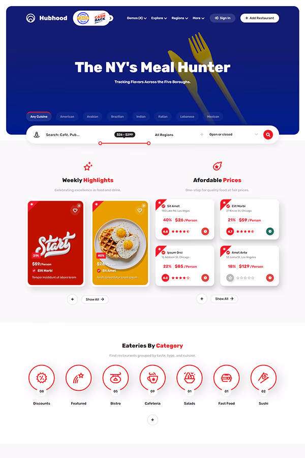 Hubhood Restaurants V2 food and dining local directory WordPress theme demo preview