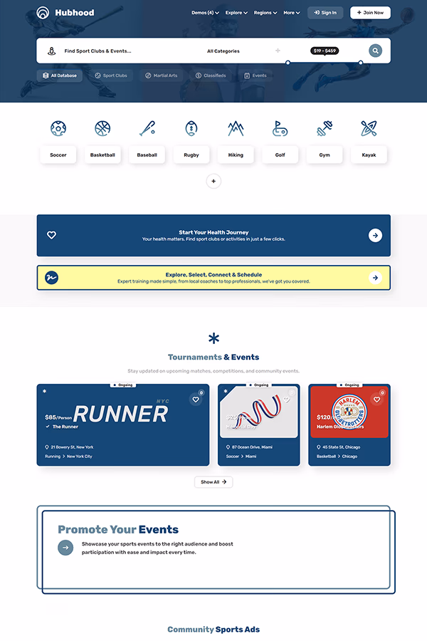 Hubhood Sports and fitness directory WordPress theme demo preview