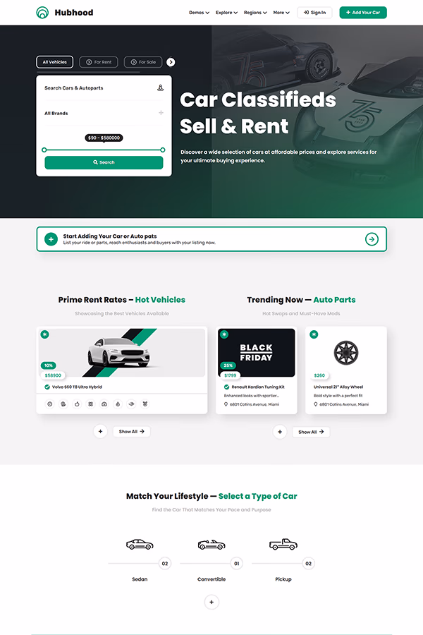 Hubhood Vehicles car sales and rentals listing directory WordPress theme demo preview
